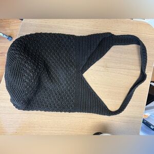 The Sak Black Nylon Crocheted & Lined Large Boho Style Bucket Bag 12"X13"